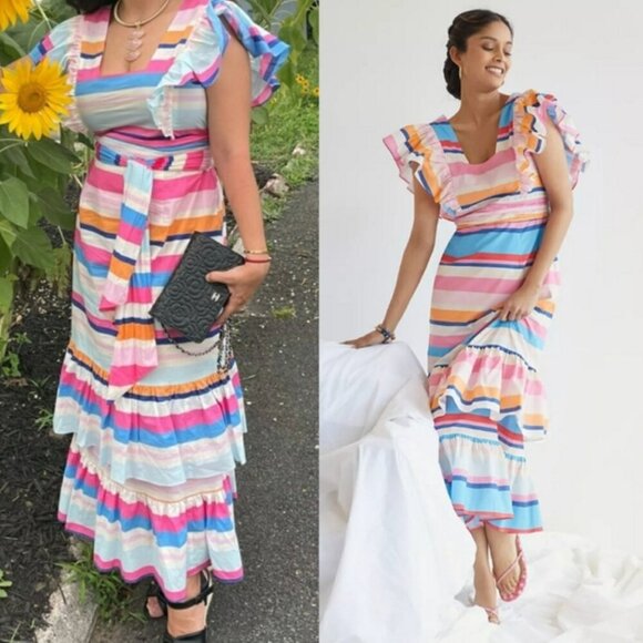 NWT Anthropologie Plenty by Tracy Reese Rainbow Ruffled Striped Maxi Dress Large - Picture 9 of 12